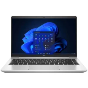 Front view of HP ProBook 440 G9 laptop with Windows 11 home screen displayed on a 14-inch screen, featuring a silver chassis and black keyboard