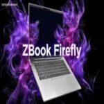 HP ZBook Firefly laptop with a sleek silver design displayed against a vibrant background of swirling purple energy, showcasing its dynamic and powerful appeal.